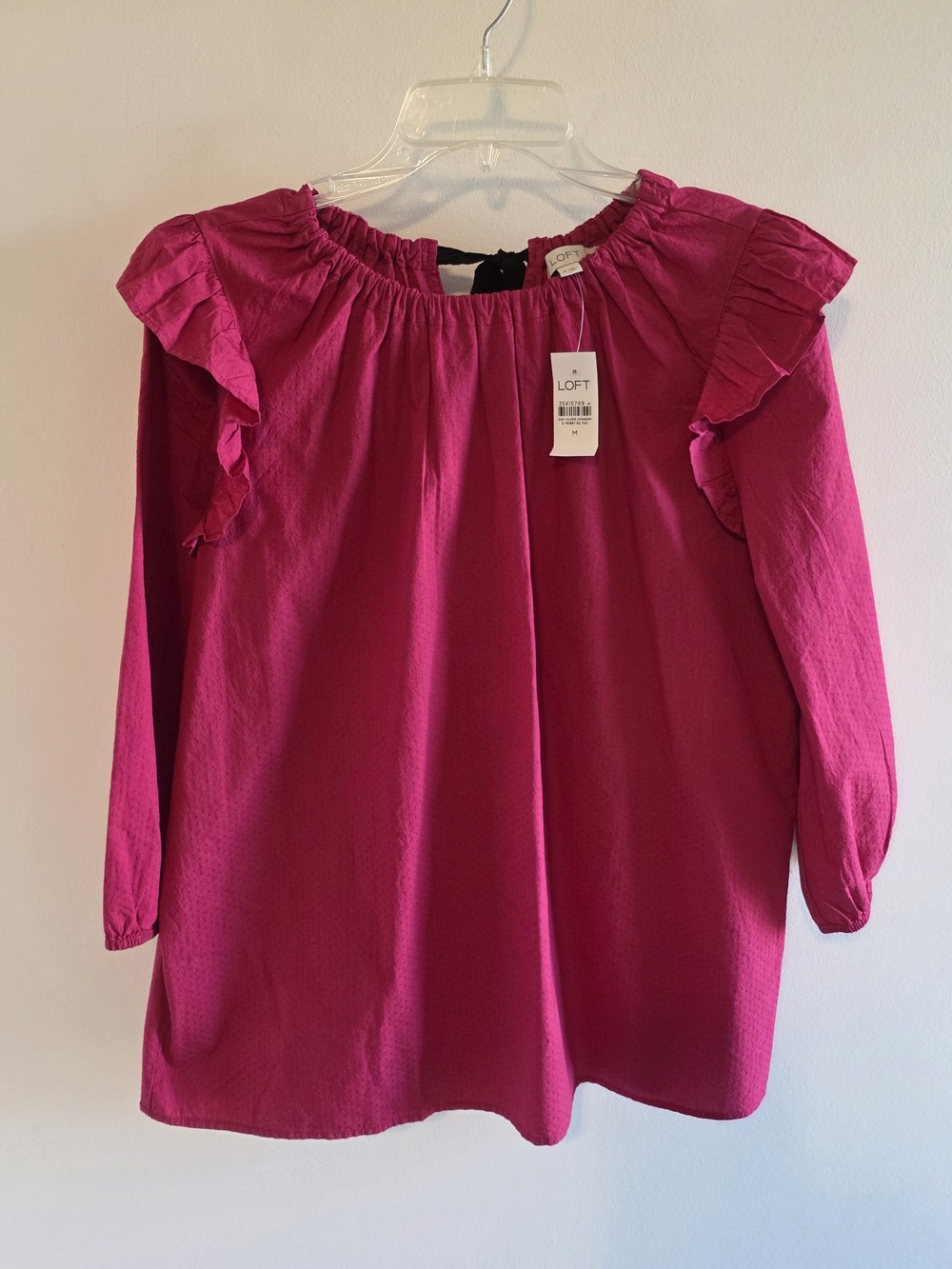 LOFT Top Womens Size M Ruffle Sleeve Fuchsia Black Ribbon Tie At Back Of Neck